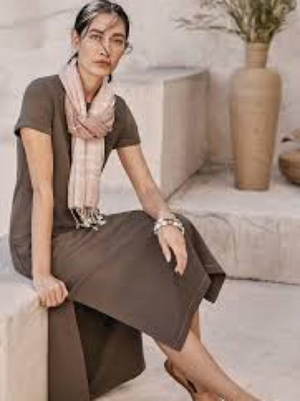 Pure Jill Short-Sleeve Midi Dress in Warm Taupe